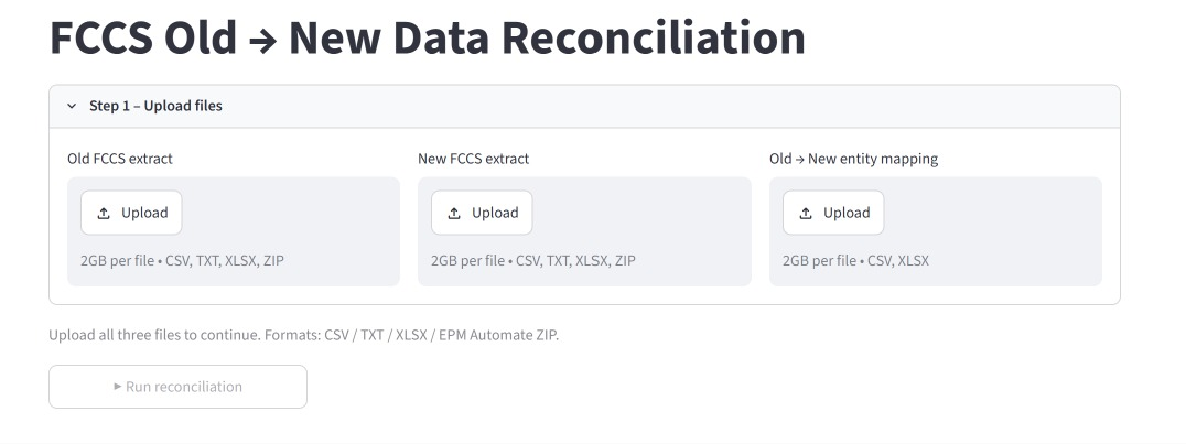 The FCCS Reconciliation Agent app: upload the old FCCS extract, new FCCS extract and entity mapping, then run the reconciliation